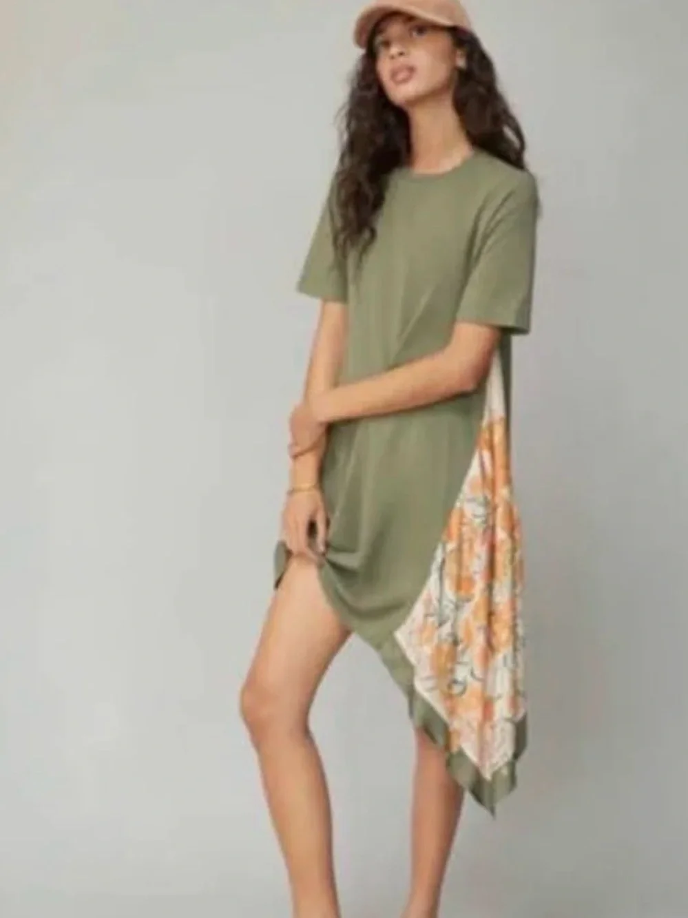 Tiny by Anthropologie Mixed Media Olive Green Shirt Dress